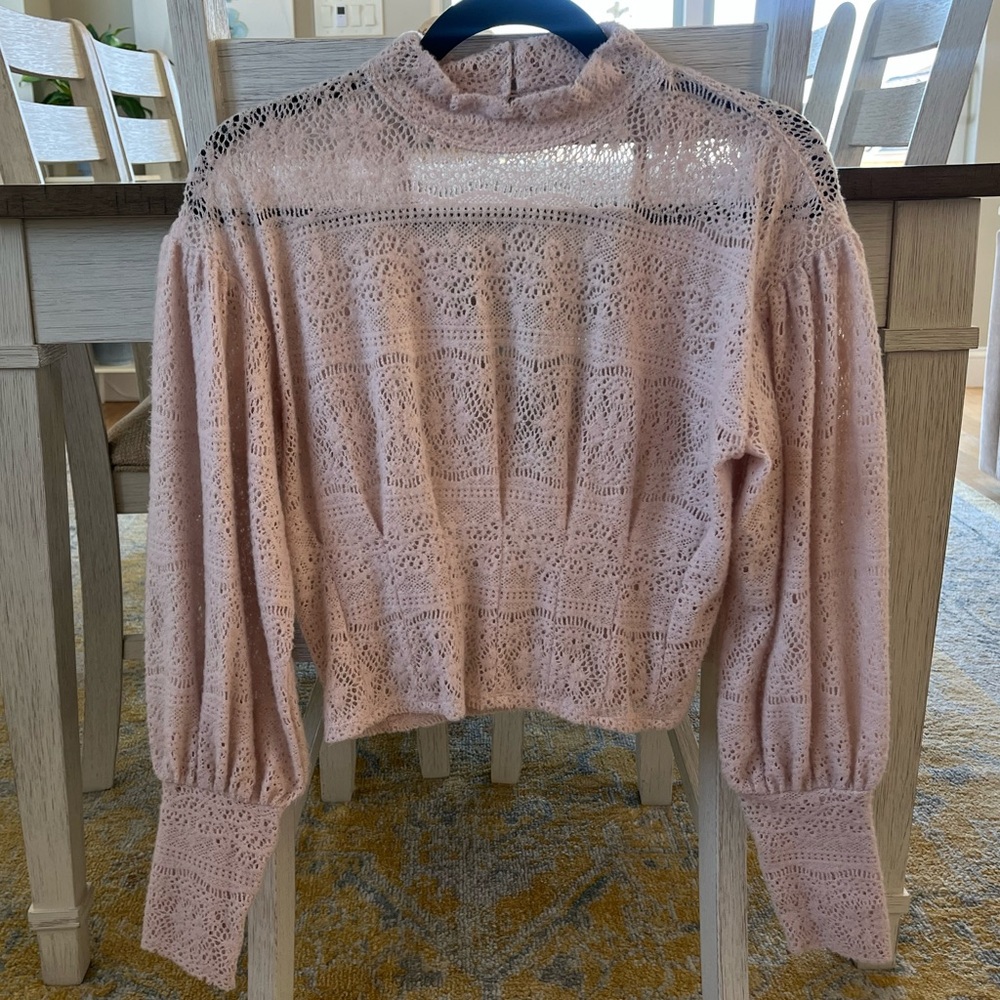 Free People - Rare - Blush Pink Sheer Lace-Like Sweater w/ Mock Neck & Open Back - Picture 3 of 9
